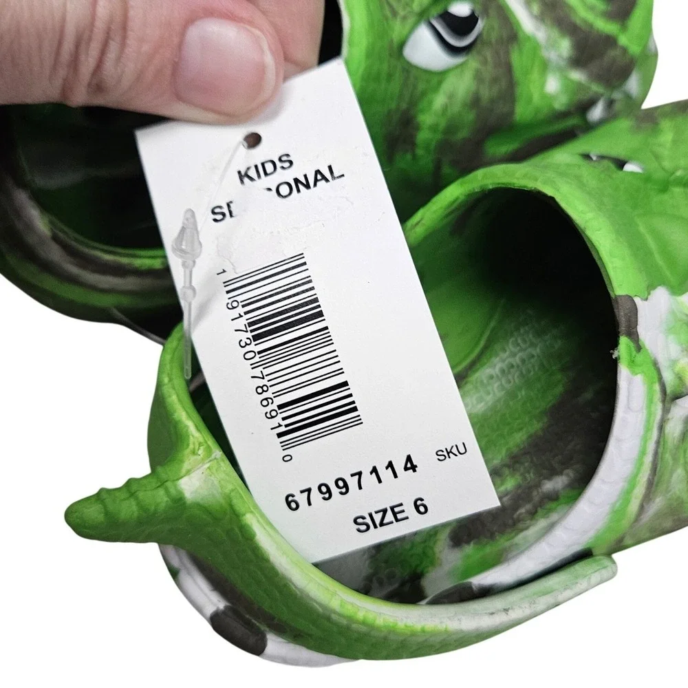 Dinosaur Clogs Toddler Boys Size 6 Green Marbled 3D T-Rex Slip On Shoes Summer